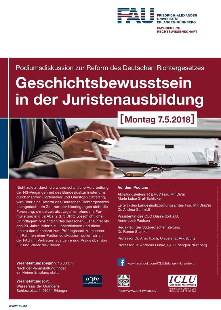 Podiumsdiskussion zur Reform des Deutschen Richtergesetzes am 7. Mai 2018: Geschichtsbewusstsein in der Juristenausbildung