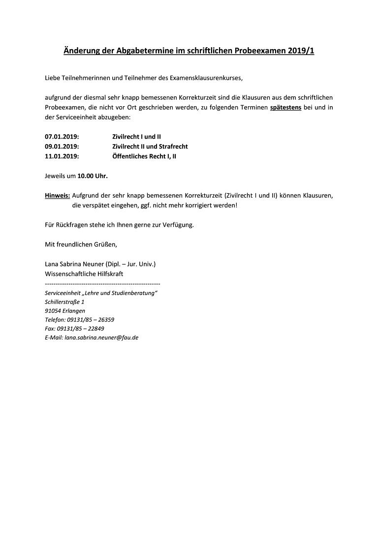 Änderung der Abgabetermine im schriftlichen Probeexamen 2019/1