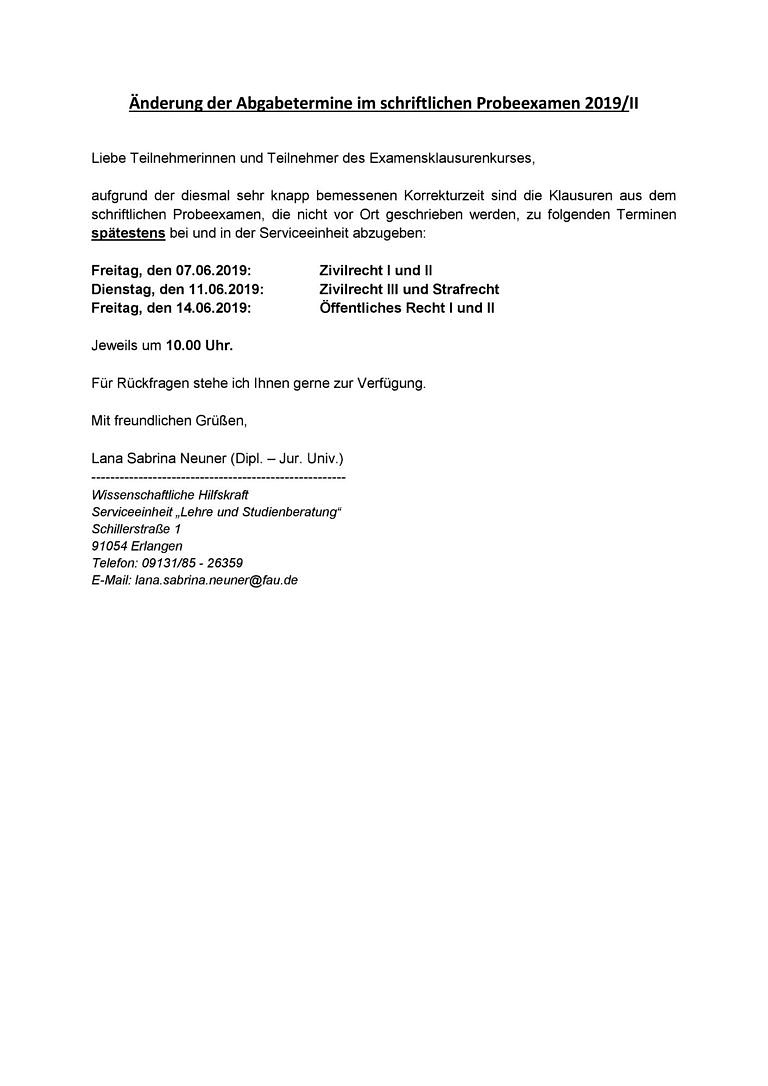 Änderung der Abgabetermine im schriftlichen Probeexamen 2019/II