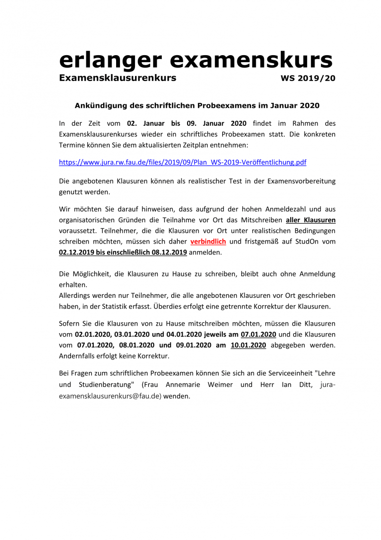 Ankündigung des schriftlichen Probeexamens im WS 2019/20