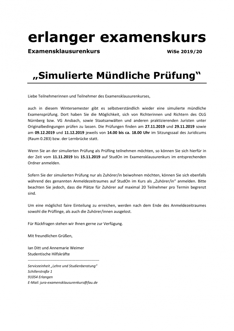 Ankündigung: Simulierte Mündliche Prüfung WiSe 19/20