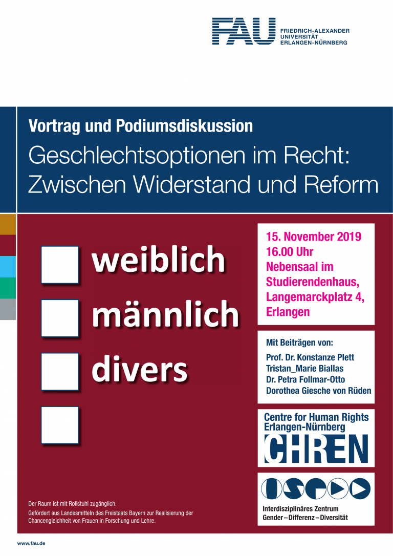 Vortrag und Podiumsdiskussion: „Geschlechtsoptionen im Recht zwischen Widerstand und Reform“ am 15.11.2019