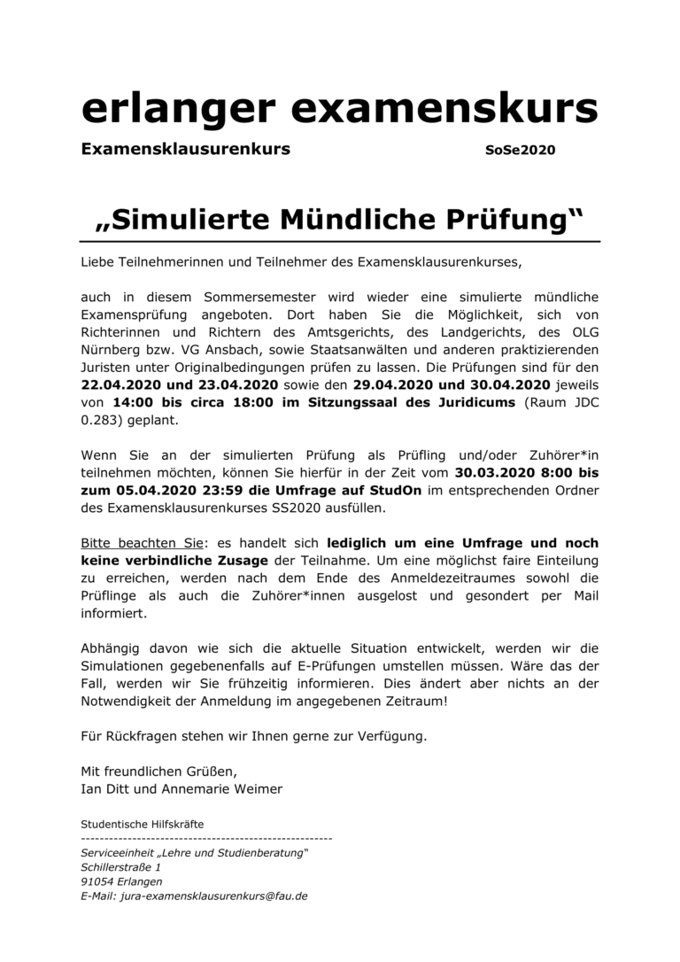 Ankündigung: Simulierte Mündliche Prüfung SoSe 20