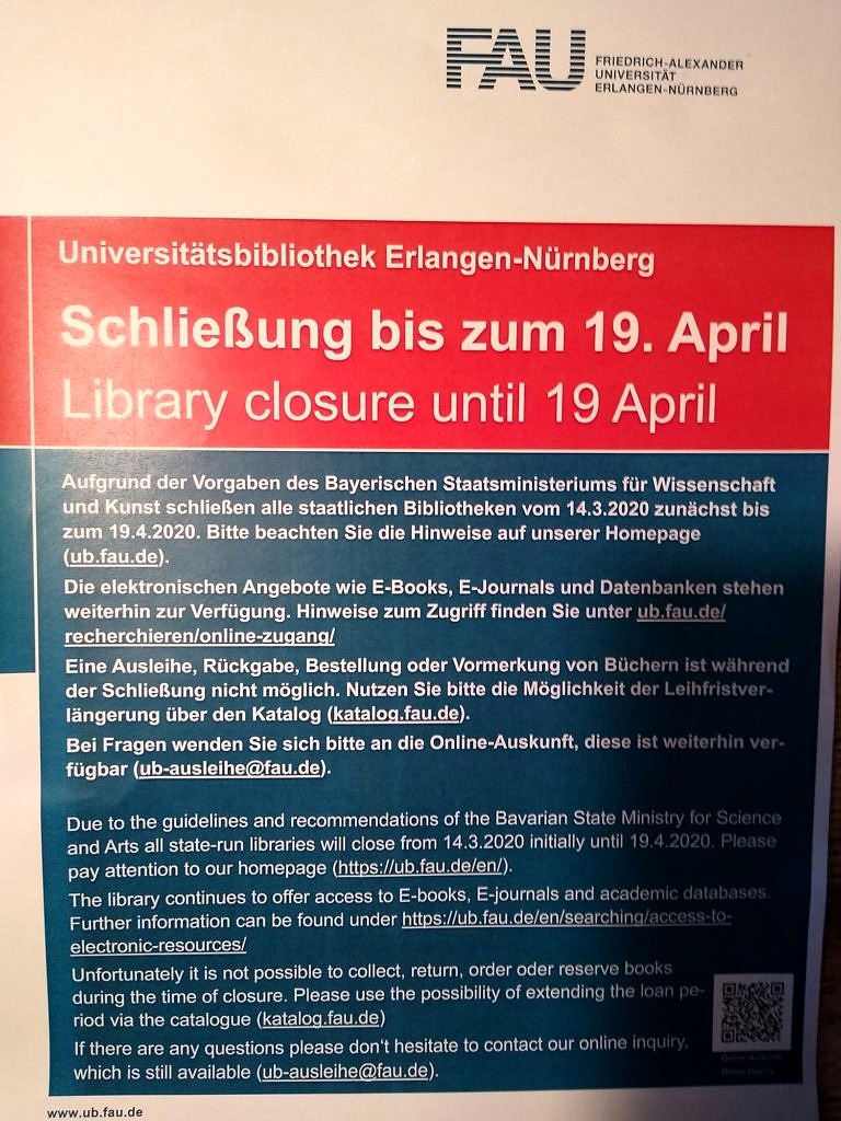 Schließung der Bibliothek des Juridicums ab 14.03.2020 / Studienberatung