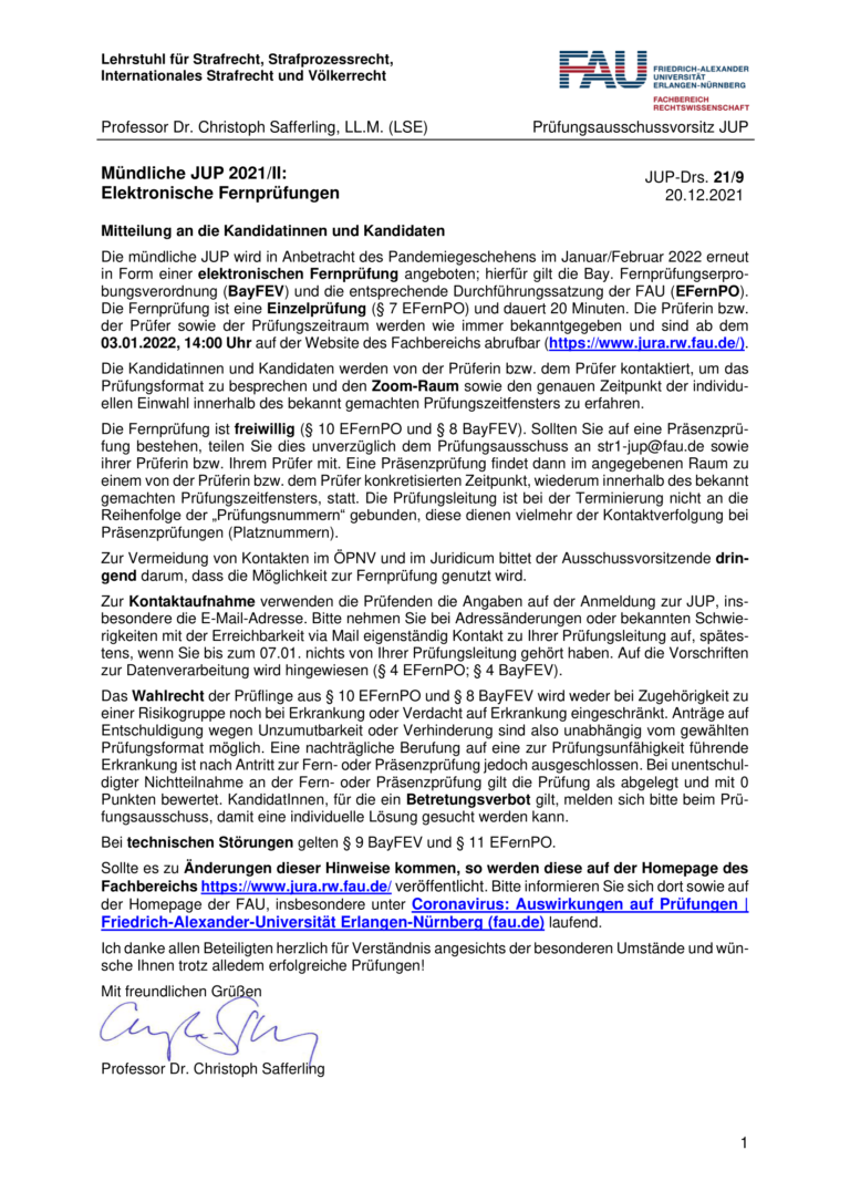 Mündliche JUP 2021/II: Elektronische Fernprüfungen