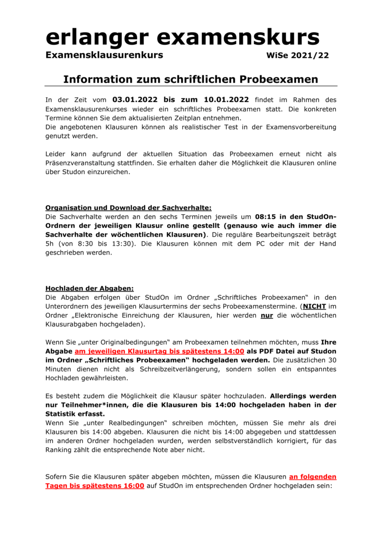 Informationen zum schriftlichen Probeexamen WiSe 2021/22