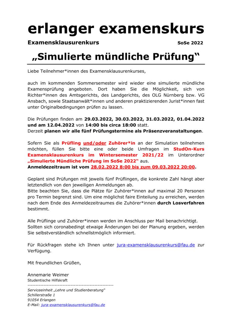 Ankündigung simulierte mündliche Prüfung