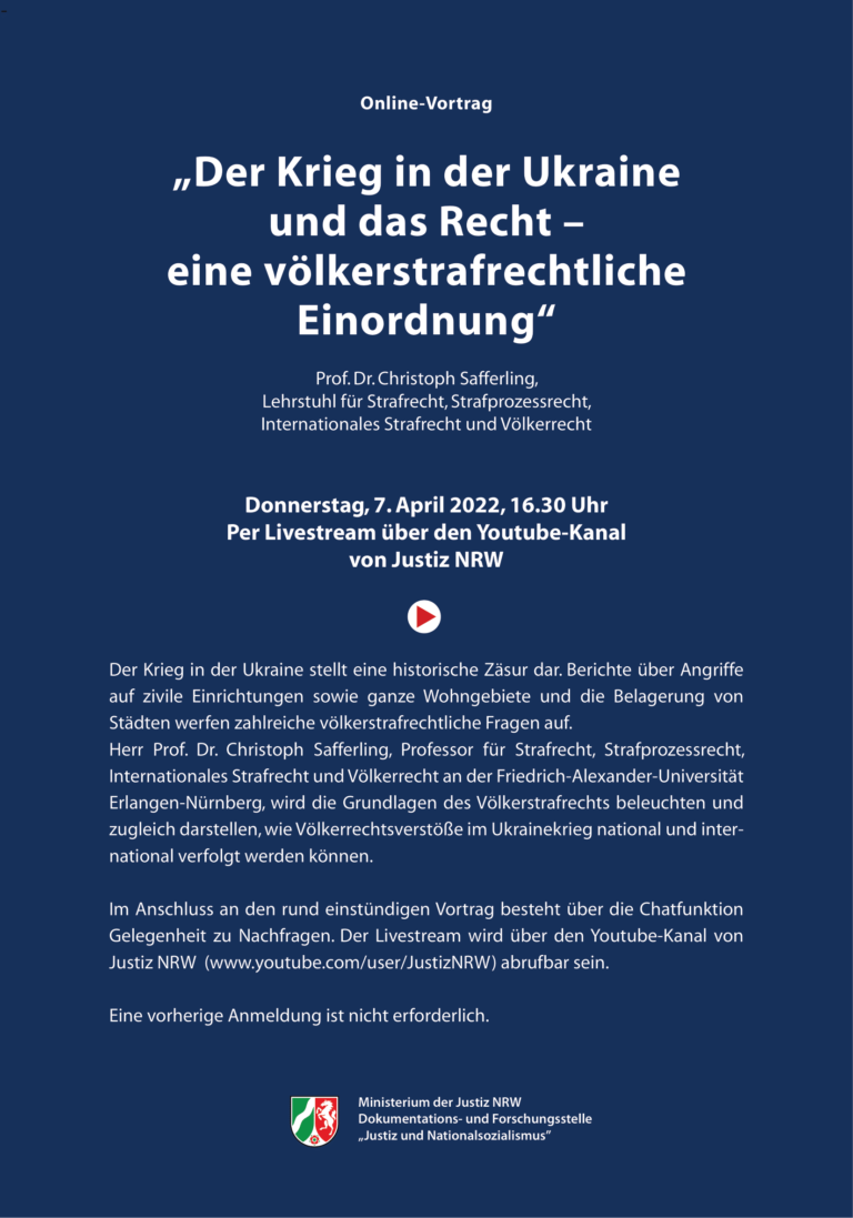 Online-Vortrag „Der Krieg in der Ukraine  und das Recht –  eine völkerstrafrechtliche  Einordnung“