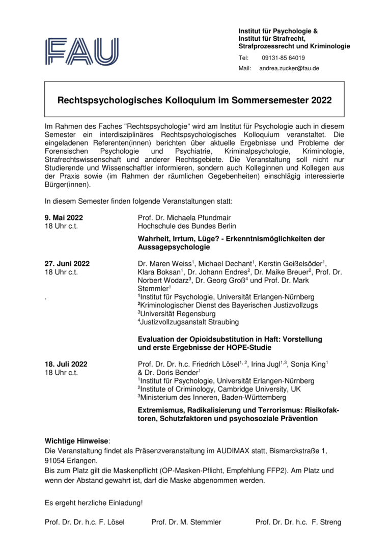 Rechtspsychologisches Kolloquium im Sommersemester 2022
