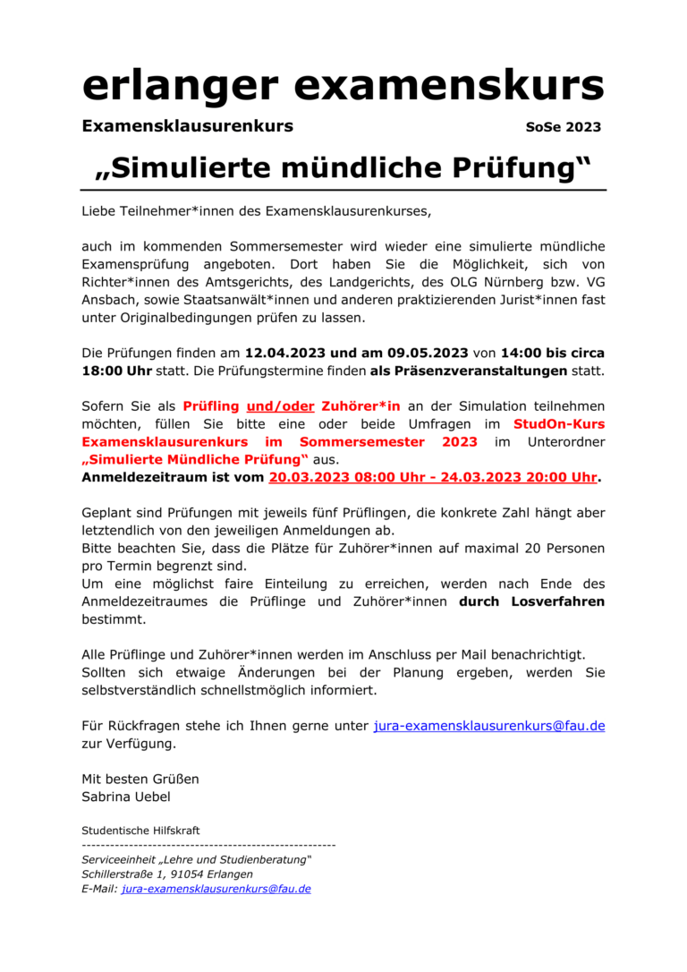 Ankündigung simulierte mündliche Prüfung SoSe 2023
