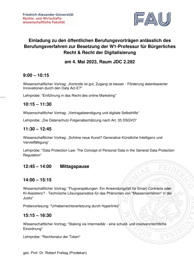 Einladung zu den Berufungsvorträgen („Bürgerliches Recht & Recht der Digitalisierung“)