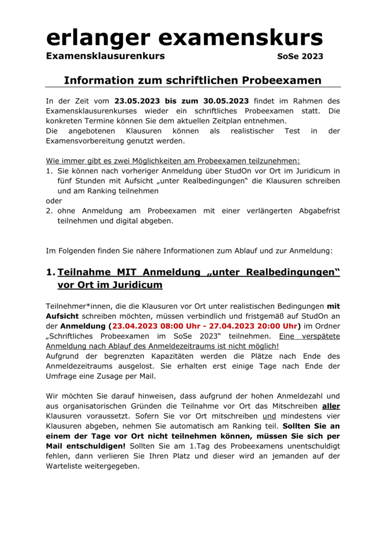 Informationen zum schriftlichen Probeexamen SoSe 2023