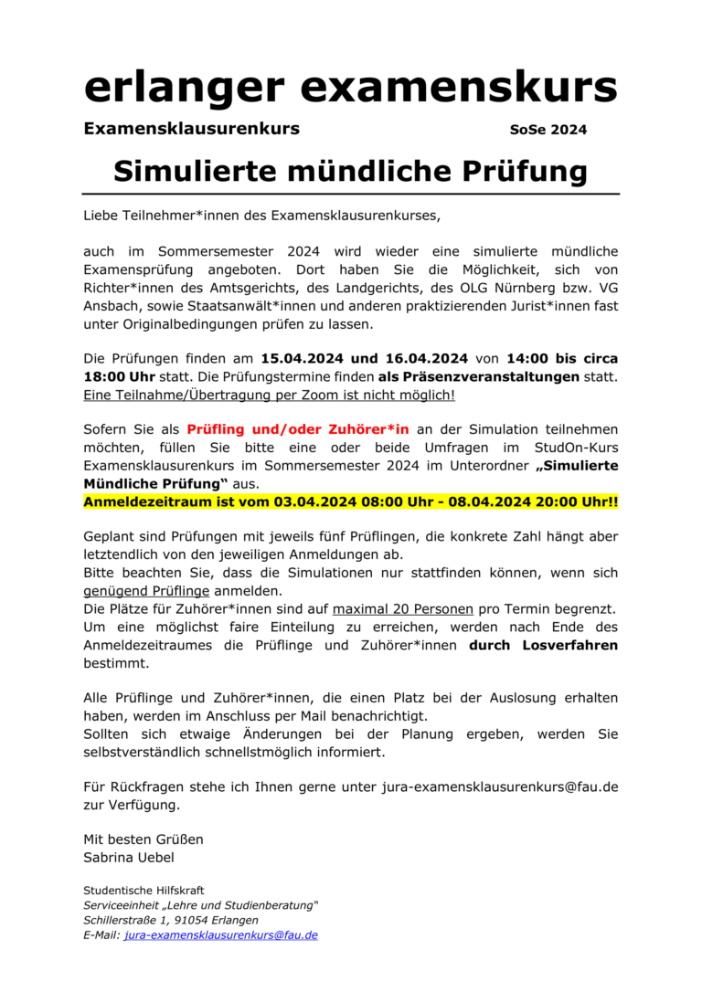 Ankündigung simulierte mündliche Prüfung SoSe 2024