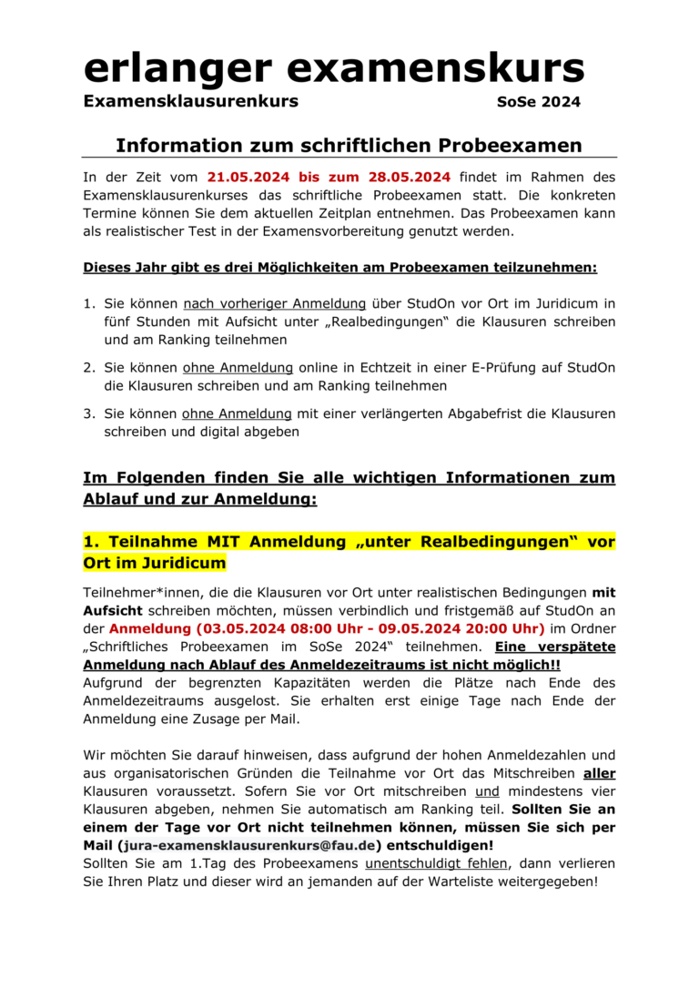 Informationen zum schriftlichen Probeexamen SoSe 2024